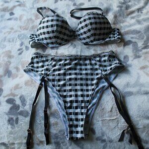 SavageXFenty Black & White Plaid High Waist Lingerie w Lace Straps